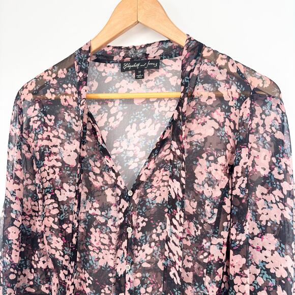 Elizabeth and James 100% Silk Sheer Floral Fringe Tie Neck Blouse Size M - Picture 3 of 10